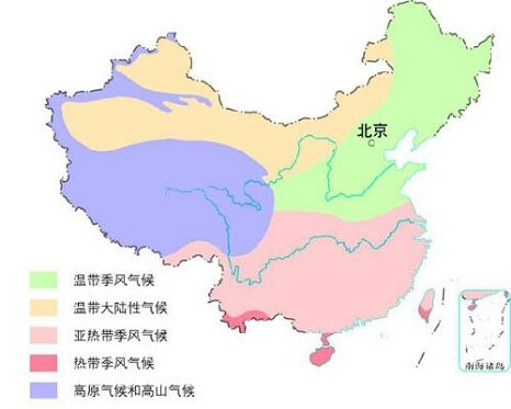 而我国秦岭淮河以北大部分地区属于温带季风性气候(下图绿色部分)