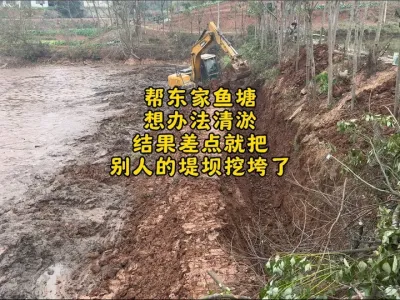 帮东家的鱼塘想办法清淤，结果差点把别人的堤坝挖垮了，下次这样的活，我再也不干了#挖掘机 #挖鱼塘 #工程机械 #瓜子二手车