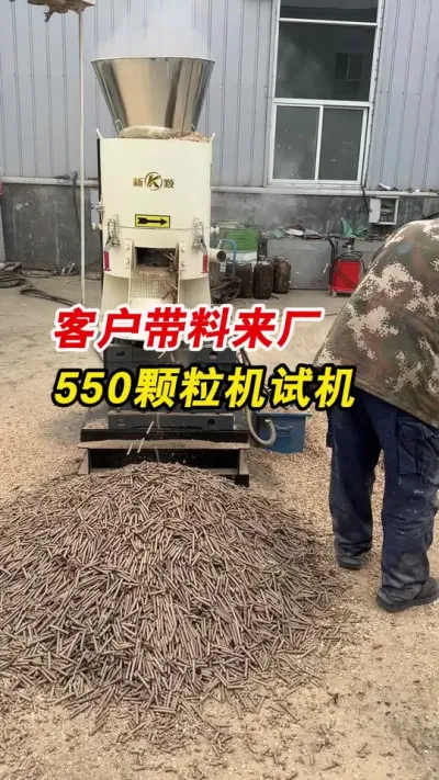 客户带料来厂，亲自上手550型生物质颗粒机做燃烧颗粒，效果很满意，自提带走。#颗粒机厂家 #生物质颗粒机 #颗粒机