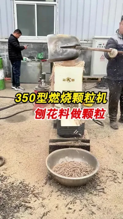客户带料来厂350型生物质颗粒机刨花料做燃烧颗粒。#颗粒机厂家 #生物质颗粒机 #燃烧颗粒