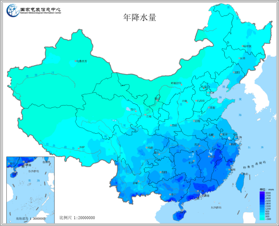 中国年平均降水量图示