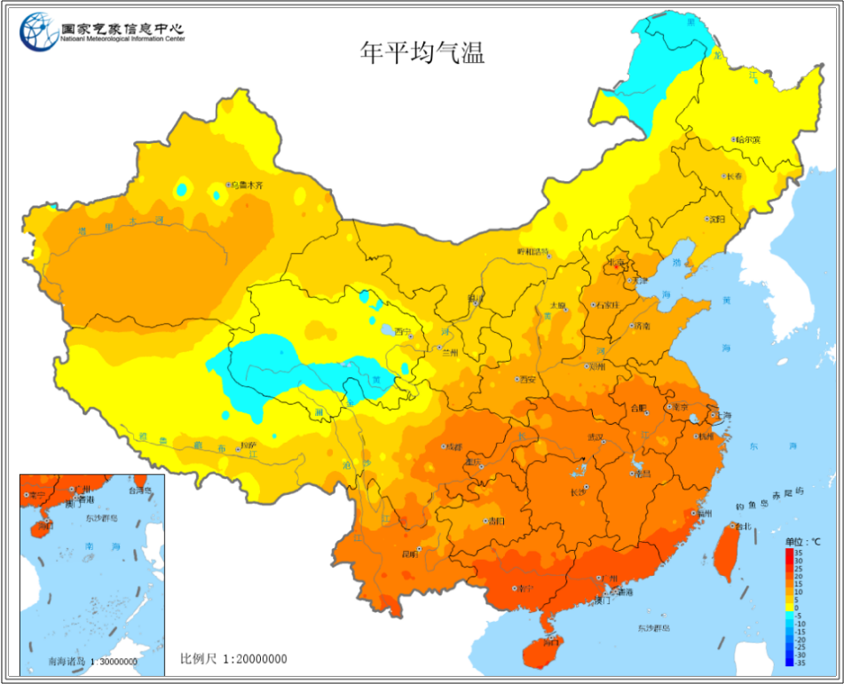 中国年平均温度图示