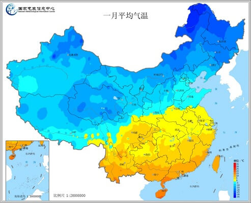 中国冬季最低气温分布