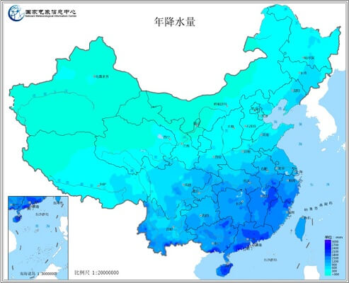 中国年降水量分布